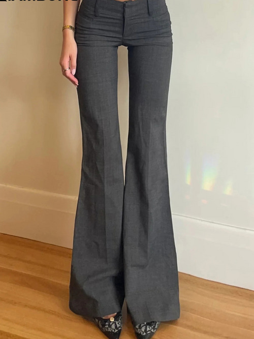 Damen-Hose, hohe Taille, Polyester, grau-1