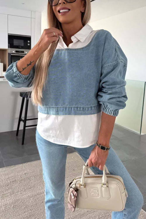 Variant image for Damen-Denim-Top, Splice-Design, lange Ärmel, Baumwolle, Polyester-1