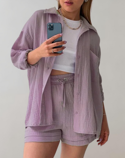 Variant image for Damen-Nachtwäsche-Set mit Kragen und Shorts aus Gaze-5