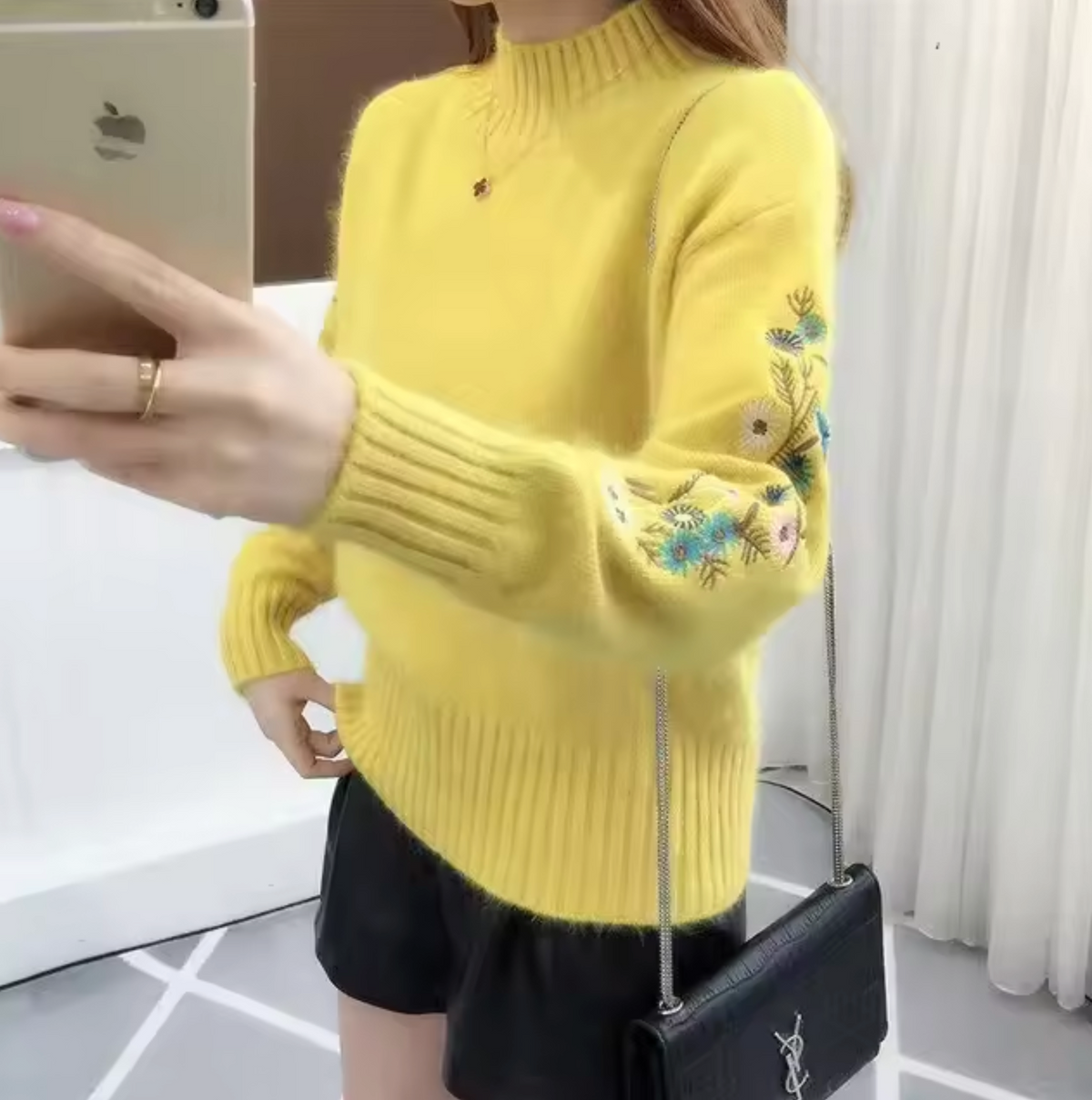 Damen-Strickpullover, Rollkragen, mit Blumen, Stickerei, Acryl und Baumwolle 1