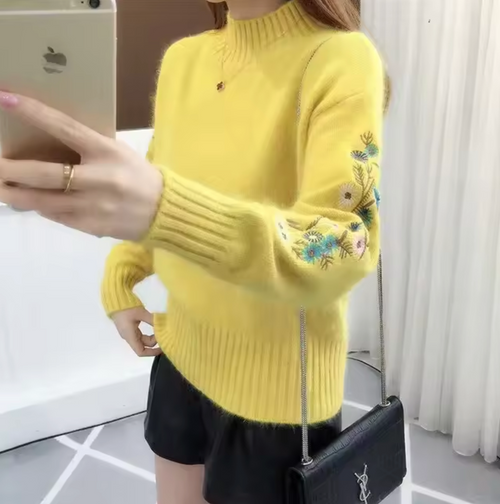Damen-Strickpullover, Rollkragen, mit Blumen, Stickerei, Acryl und Baumwolle 1