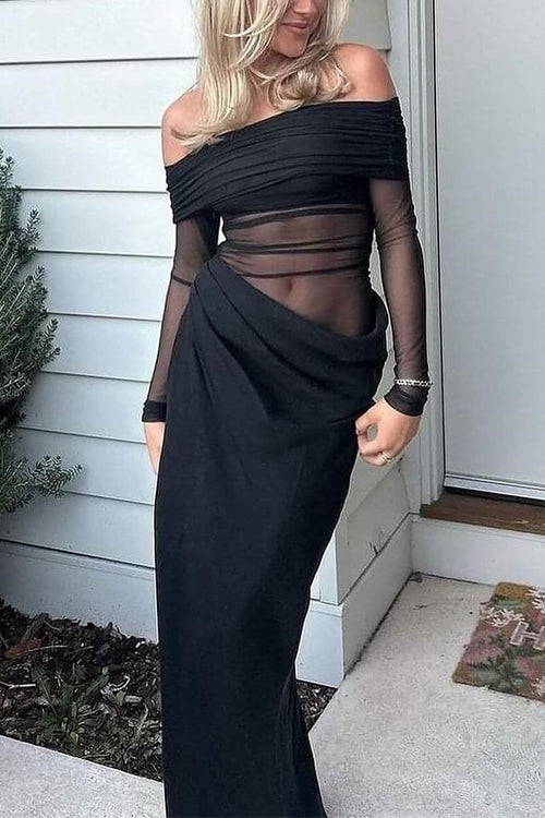 Damen-Maxikleid, schulterfreie langarme Baumwolle, Polyester-1