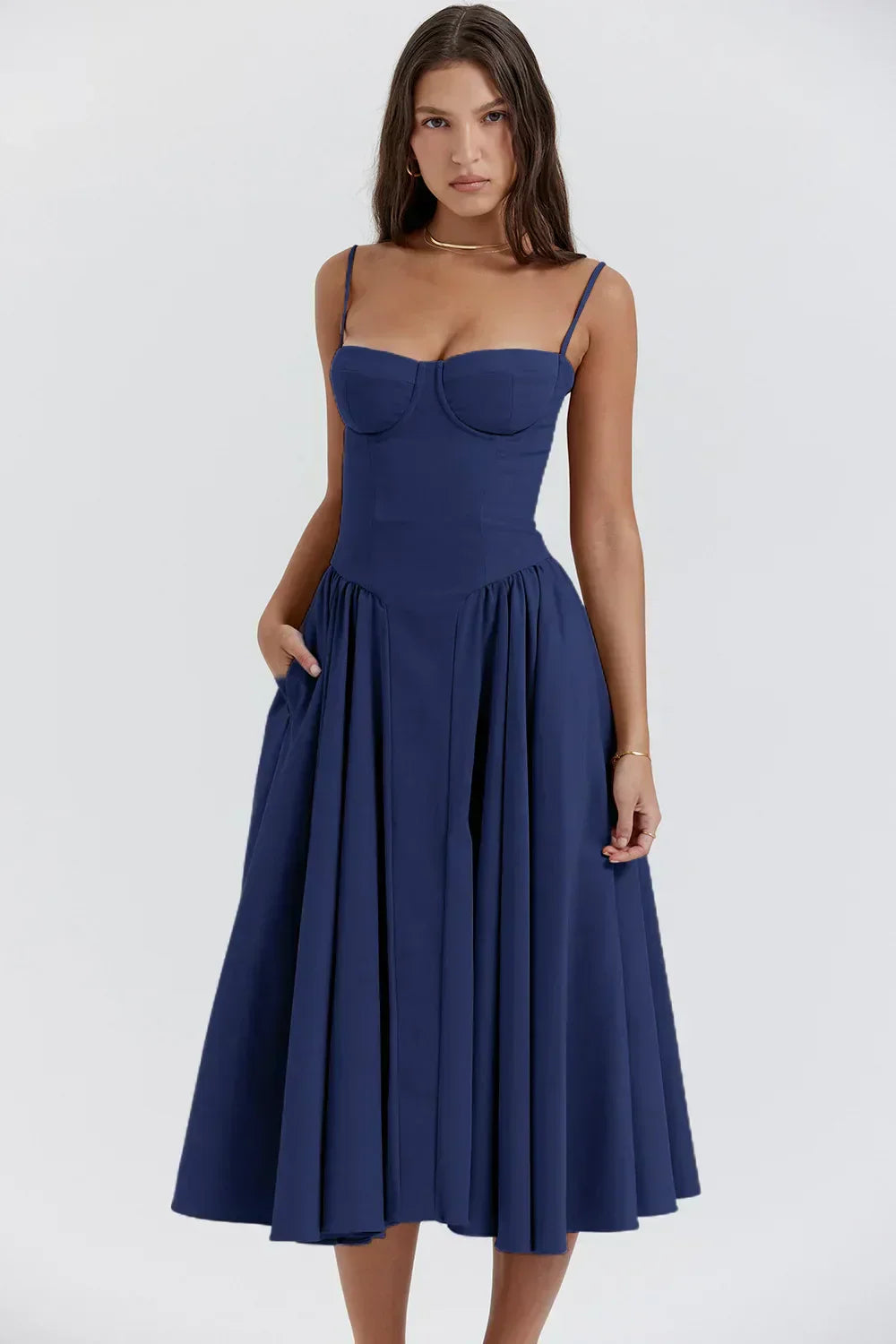 Damen-Midikleid, ärmellos, weicher Stoff, elegant-3
