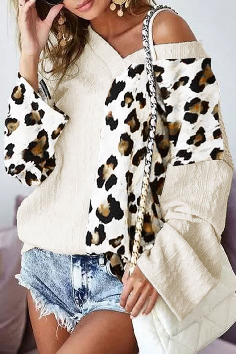 Damen-Pullover, asymmetrisches Leopardenmuster, V-Ausschnitt, hochwertiger Stoff-3