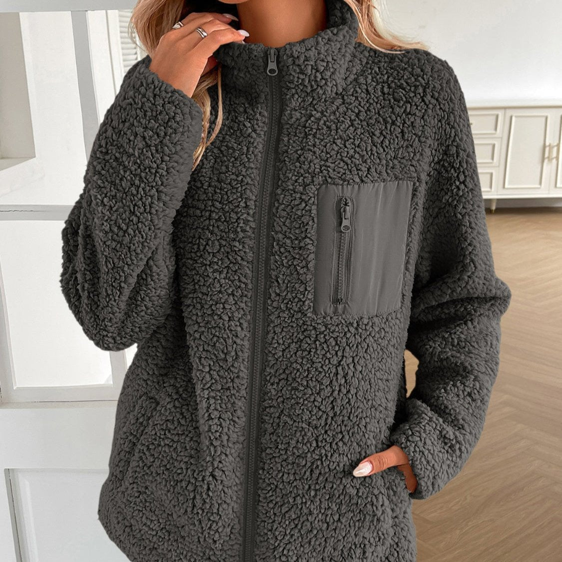 Variant image for Damen-Fleecejacke, lässiger Winter, Plüschmaterial, mit Reißverschluss-11