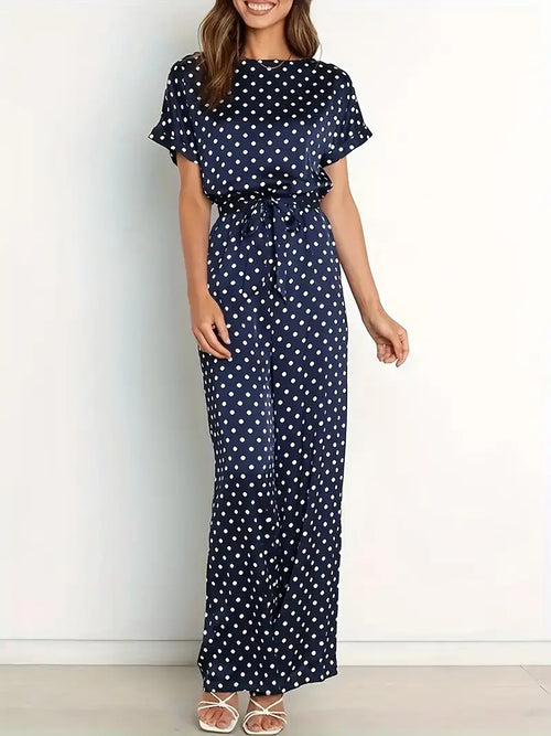Damen-Jumpsuit Gepunktet Marineblau V-Ausschnitt Leichter Stoff-1