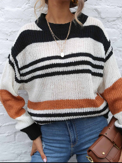 Damen-Pullover, gestreifter runder Ausschnitt, weiche Stoffmischung, Herbst-4