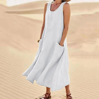 Damen-Kleines Leinenkleid mit Taschen, atmungsaktiv, Loose Fit 2