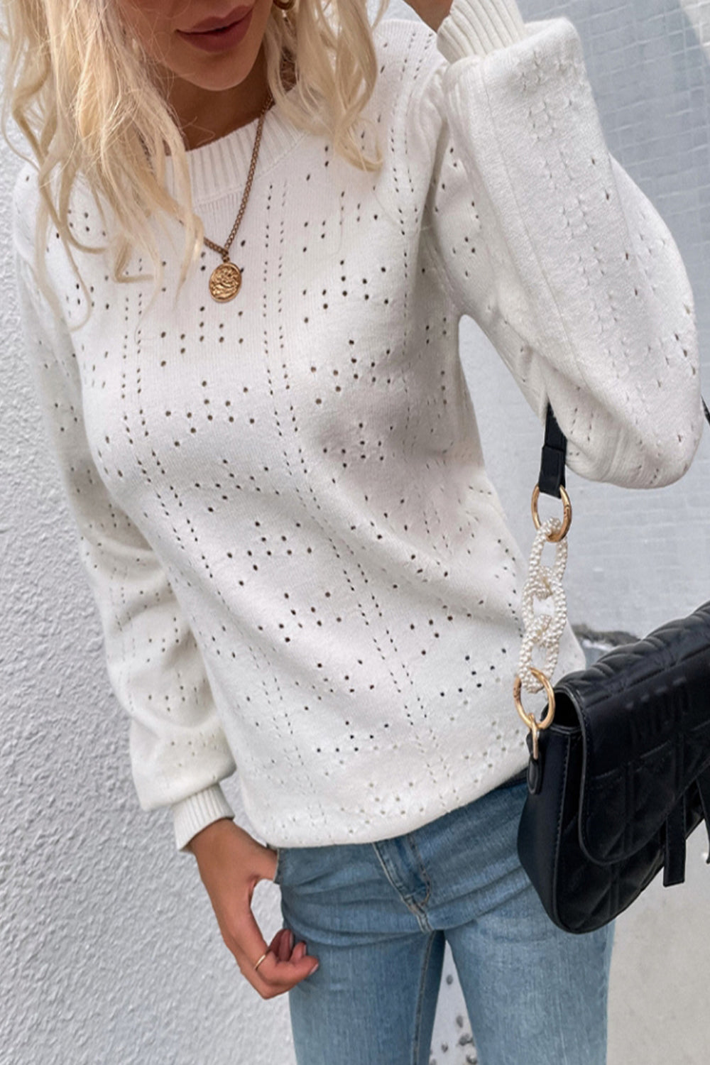 Damen-Strickpullover, lange Ärmel, Rundhalsausschnitt, Polyester-3