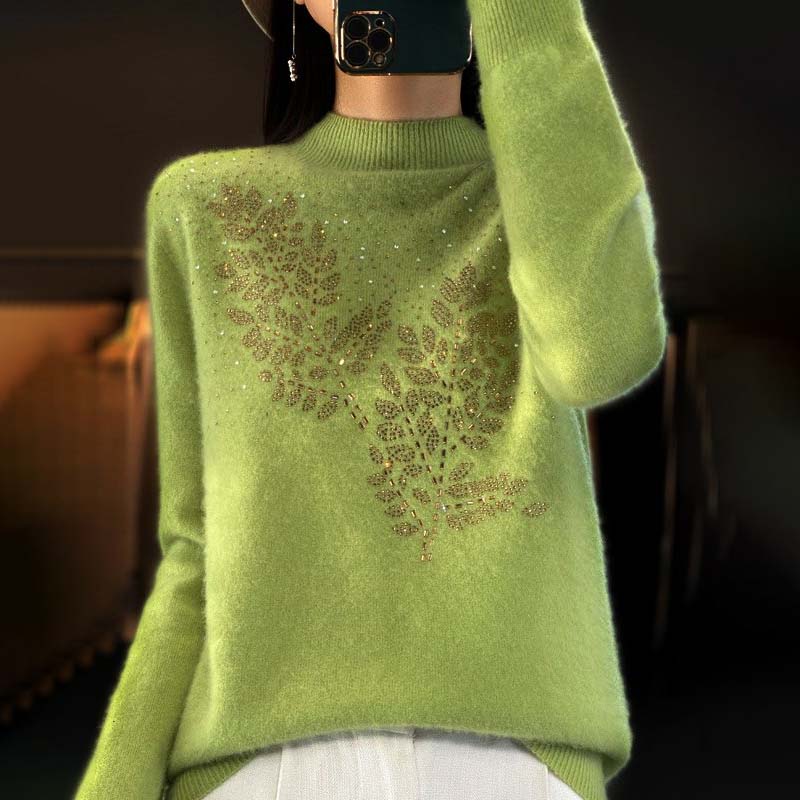 Damen-Strickpullover, mit Blattmuster aus Baumwolle und Acryl, halbhocher Ausschnitt, lange Ärmel-3