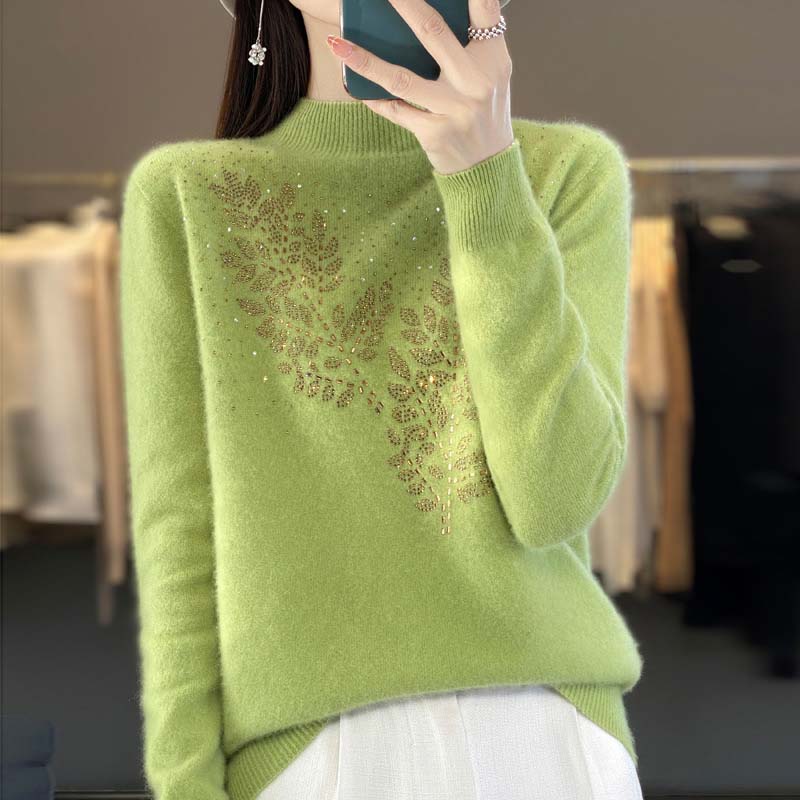 Damen-Strickpullover, mit Blattmuster aus Baumwolle und Acryl, halbhocher Ausschnitt, lange Ärmel-2