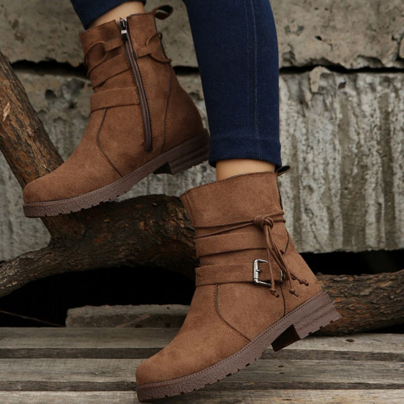 Damen-Lederstiefel mit Schnalle und Reißverschluss – Casual-Stiefel für Alltag und Wochenende, Schafthöhe 30 cm 2