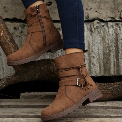 Damen-Lederstiefel mit Schnalle und Reißverschluss – Casual-Stiefel für Alltag und Wochenende, Schafthöhe 30 cm 2