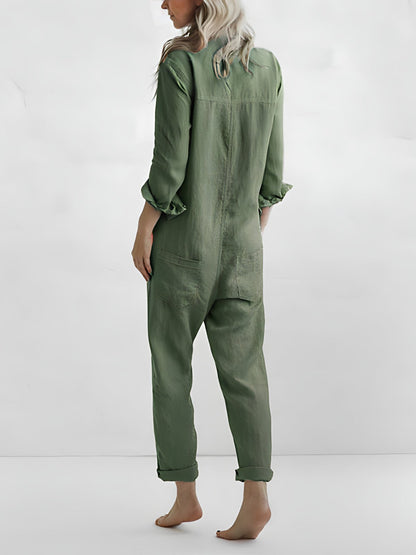 Damen-Jumpsuit Langarm Baumwolle und Leinen Elegantes Design-6