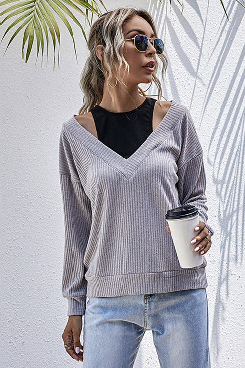 Damen-Strickpullover, V-Ausschnitt, lange Ärmel, Polyester, monochrom 1