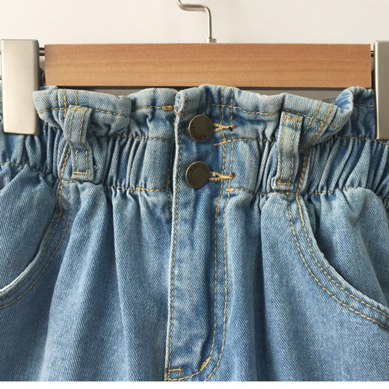 Hochtaillierte Denim-Shorts für Damen mit Rüschen und Taschen – 100 % Baumwolle, Casual-Stil 3