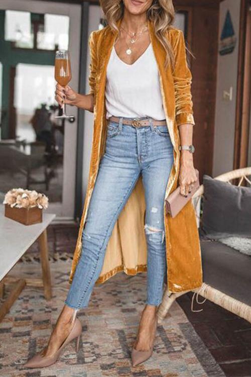 Damen-Mantel Lang Samt Offene Vorderseite Elegant-1