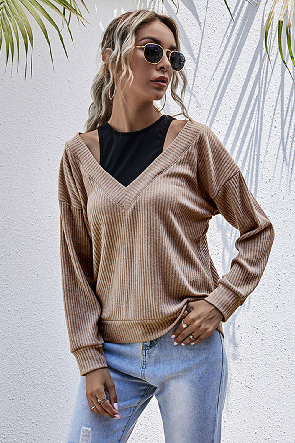 Damen-Strickpullover, V-Ausschnitt, lange Ärmel, Polyester, monochrom 6