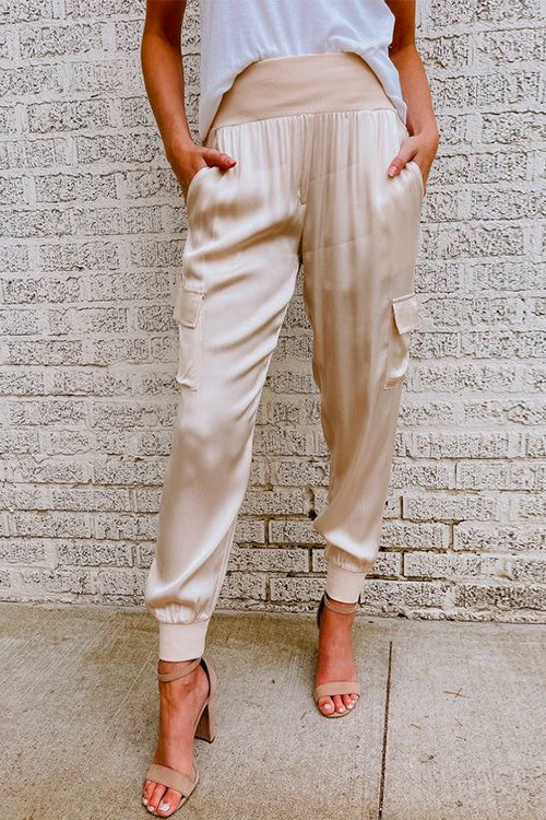 Damen-Satinhose, hohe Taille mit Taschen, weicher Satin-1