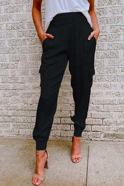 Damen-Satinhose, hohe Taille mit Taschen, weicher Satin-3