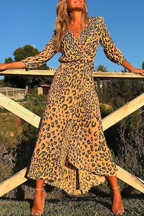 Damen-Kleid, V-Ausschnitt, Leopardenmuster, Dreiviertelärmel, Baumwolle, Polyester-2