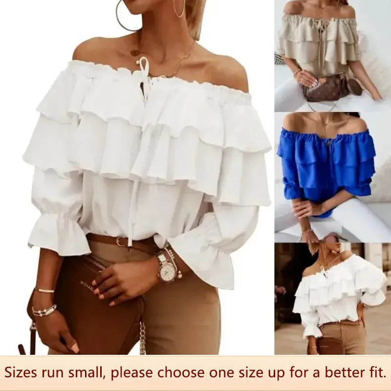 Damenbluse Schulterfrei Chiffon mit Rüschendetails-2
