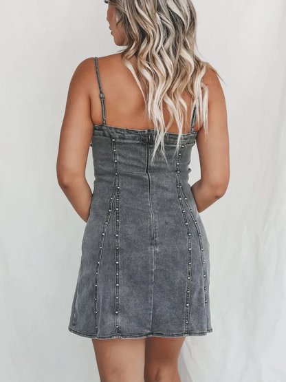 Maxikleid Damen Denim mit Metallnieten Langes Kleid 4