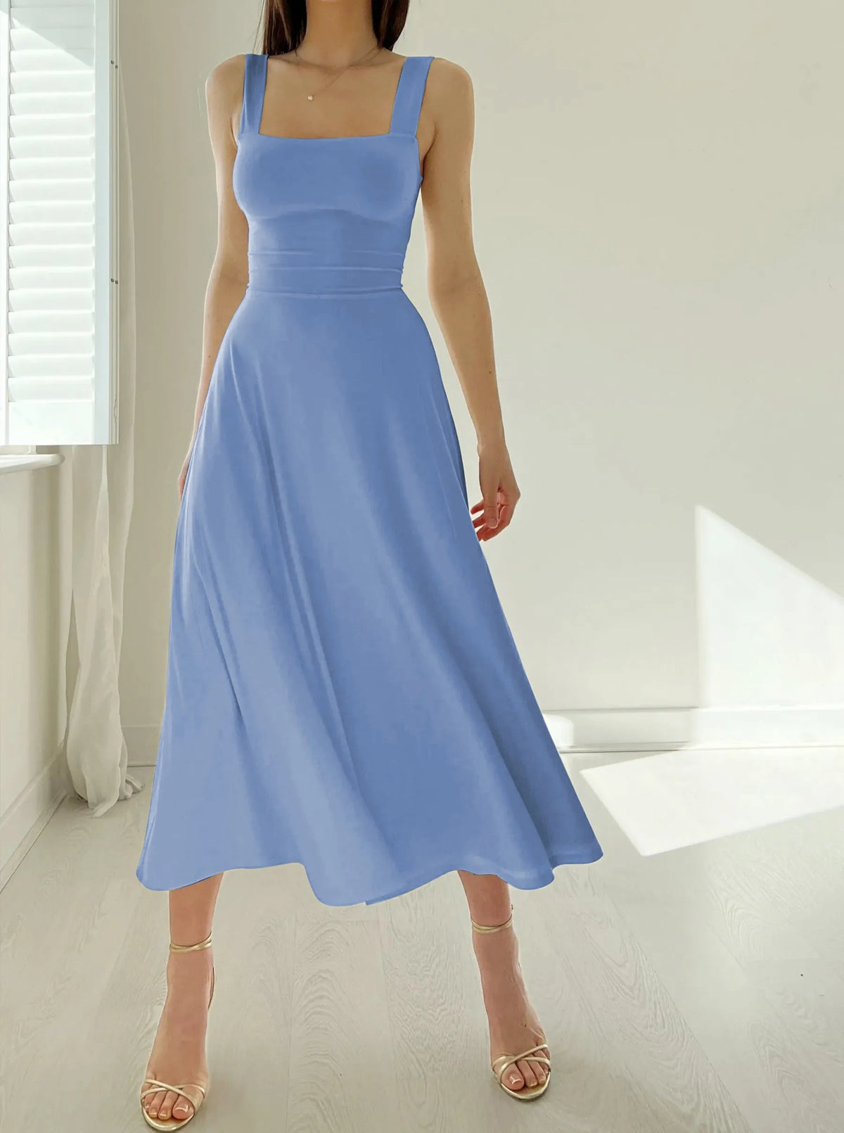 Damen-Midikleid, Eckiger Ausschnitt, Polyester, Elasthan-5
