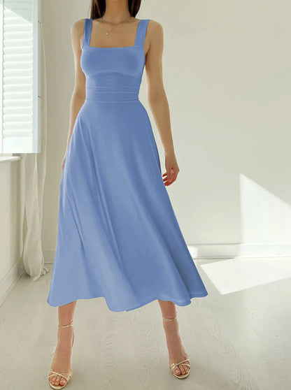 Damen-Midikleid, Eckiger Ausschnitt, Polyester, Elasthan-5