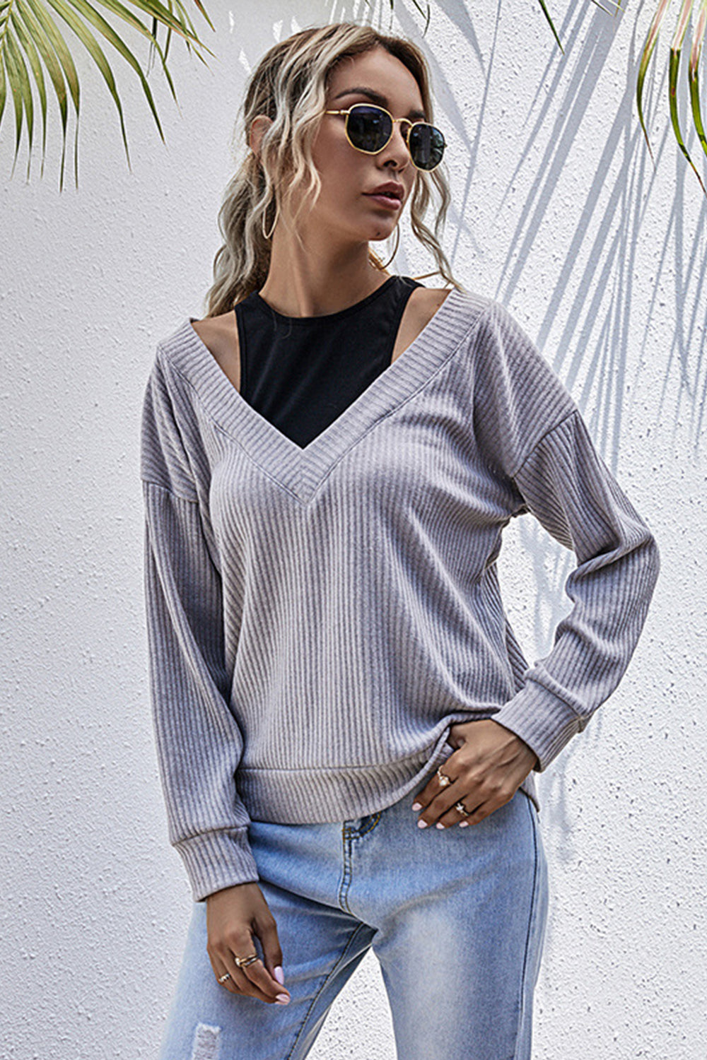 Damen-Strickpullover, V-Ausschnitt, lange Ärmel, Polyester, monochrom 4