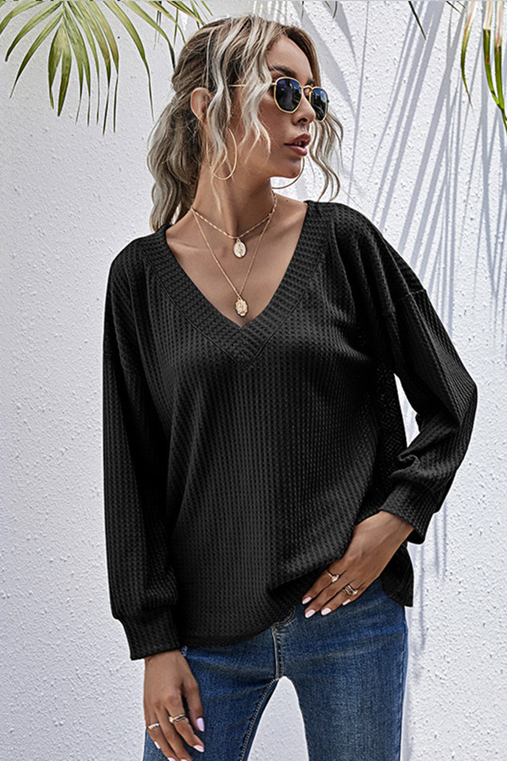 Langarm-Top mit V-Ausschnitt für Damen aus Polyester – Lockere Passform, einfarbiges Party-Top 4