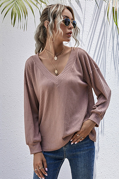 Langarm-Top mit V-Ausschnitt für Damen aus Polyester – Lockere Passform, einfarbiges Party-Top 6