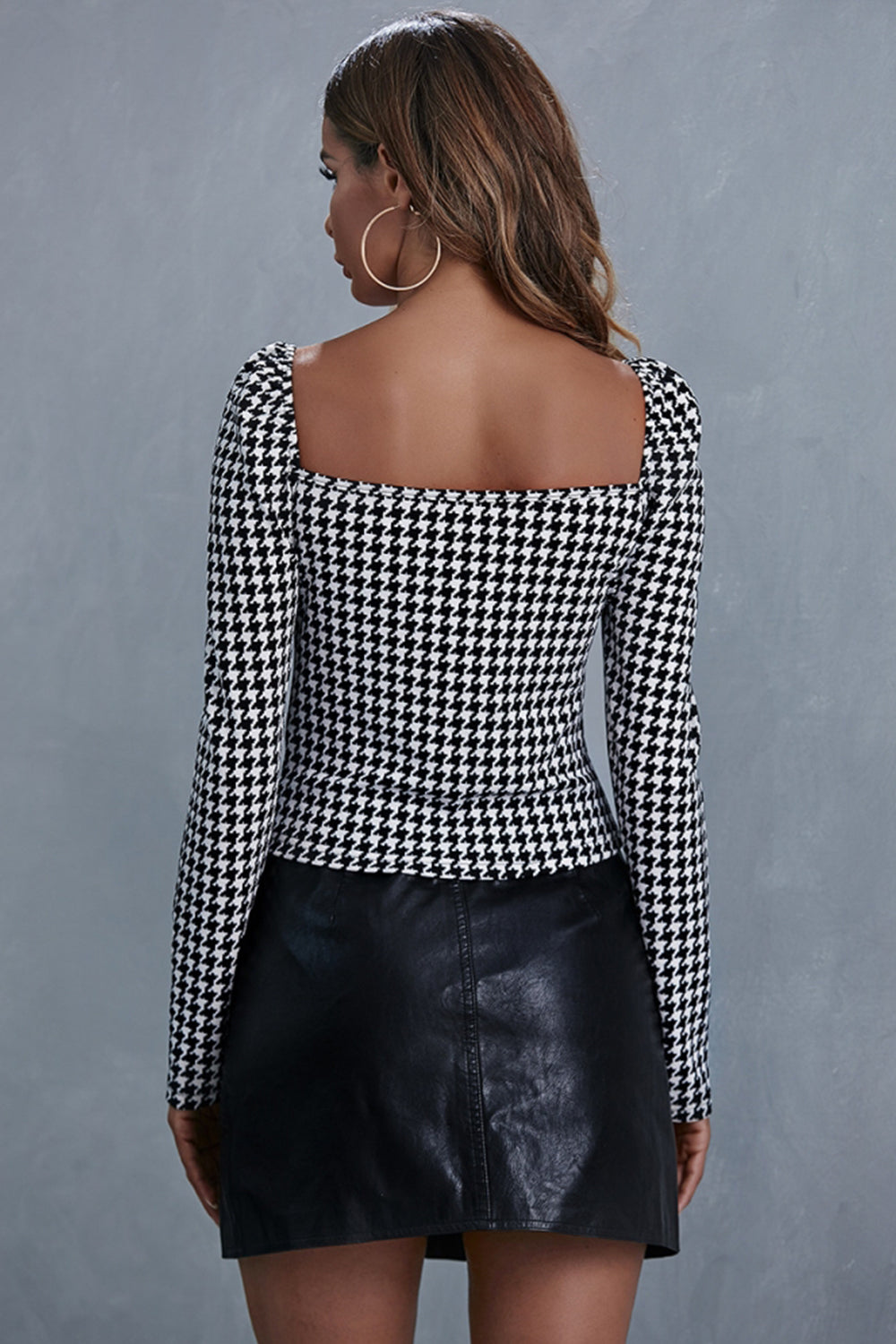 Damen-Langarm-Top, Eckiger Kragen, Polyester, Karierte Schmale Passform-5