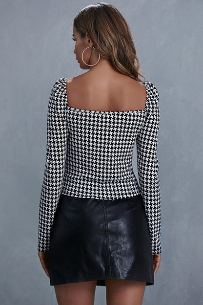 Damen-Langarm-Top, Eckiger Kragen, Polyester, Karierte Schmale Passform-5