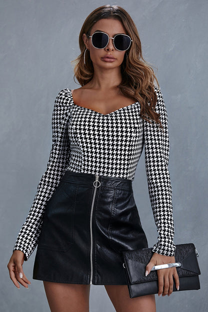 Damen-Langarm-Top, Eckiger Kragen, Polyester, Karierte Schmale Passform-3