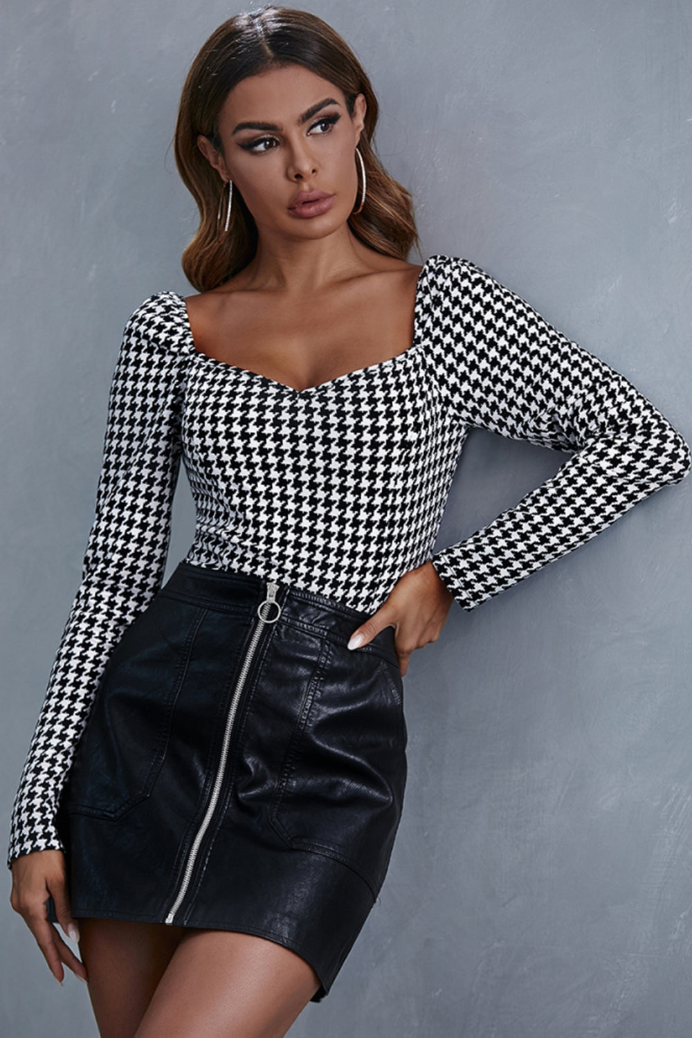Damen-Langarm-Top, Eckiger Kragen, Polyester, Karierte Schmale Passform-4