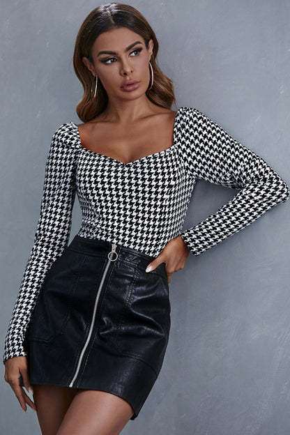 Damen-Langarm-Top, Eckiger Kragen, Polyester, Karierte Schmale Passform-4