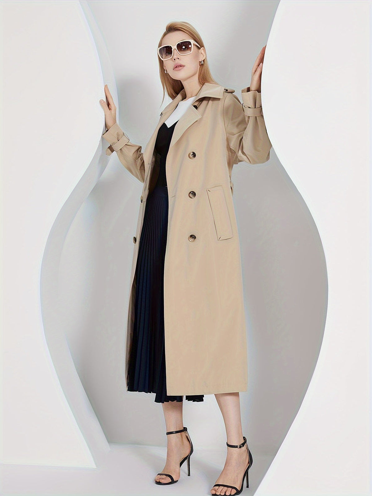 Damen-Trenchcoat mit langen Ärmeln, monochrom, Polyester-2