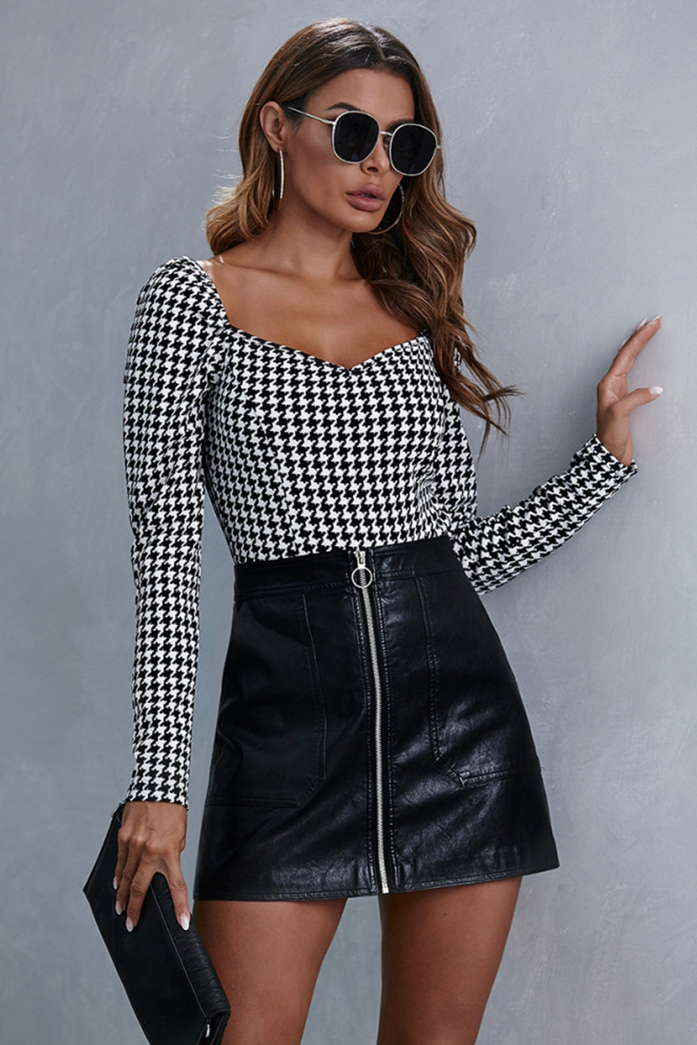 Damen-Langarm-Top, Eckiger Kragen, Polyester, Karierte Schmale Passform-1
