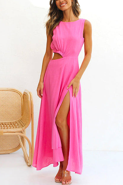 Damen-Maxikleid, ausgeschnittene Taille, hoher Schlitz, Baumwollmischung-1