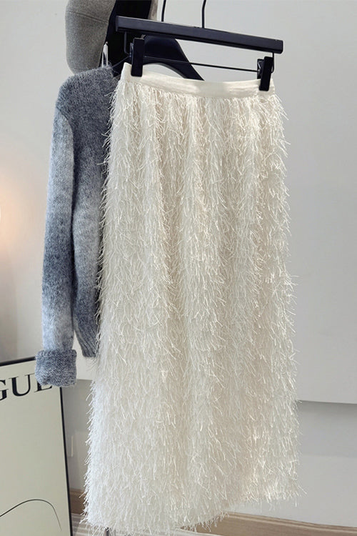 Damen-Maxirock, mit Elastischer Taille und Fransen, aus Weichem Baumwoll-Mix-1