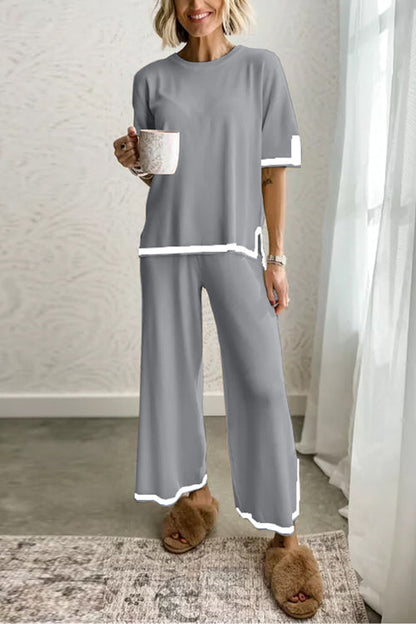 Variant image for Damen-Loungewear-Set, Kurzarmes Top, Breites Bein, Hose, Baumwolle, Polyester-13