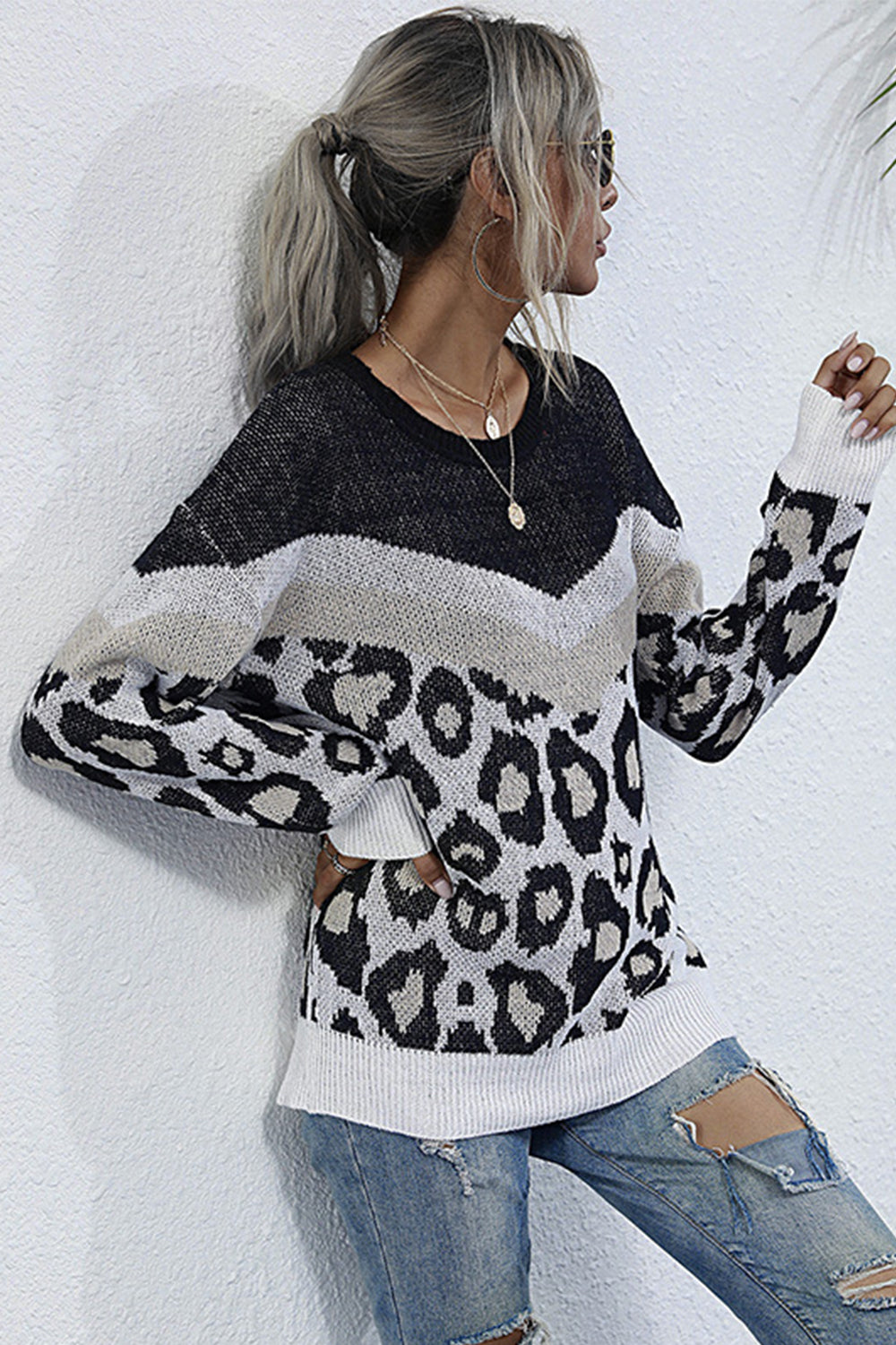Damenpullover Langärmelig Lockere Passform Leopardenmuster Polyester-1
