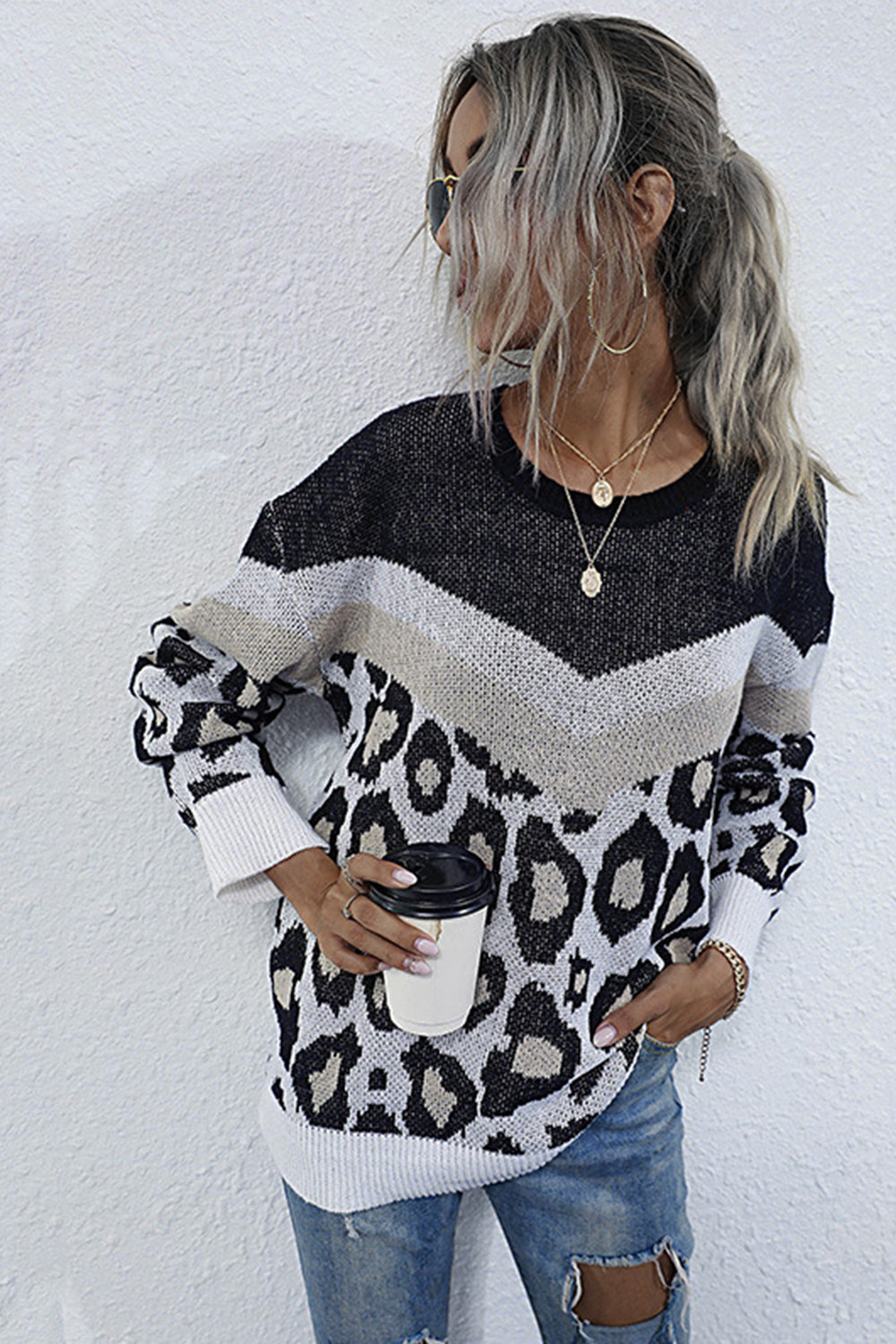 Damenpullover Langärmelig Lockere Passform Leopardenmuster Polyester-3