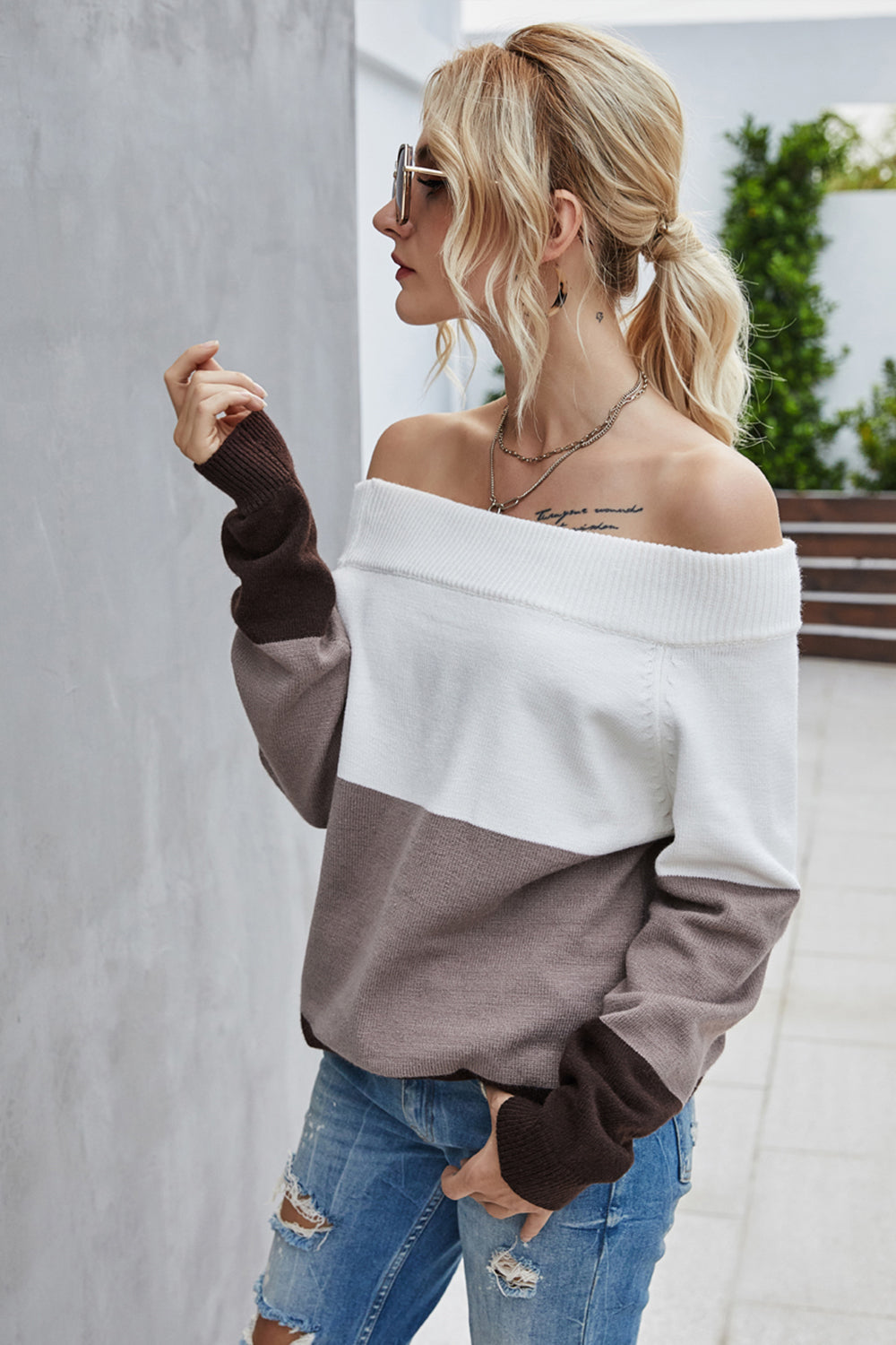 Damen-Pullover, Off-the-Shoulder, Farbblock, Polyester, lange Ärmel-4
