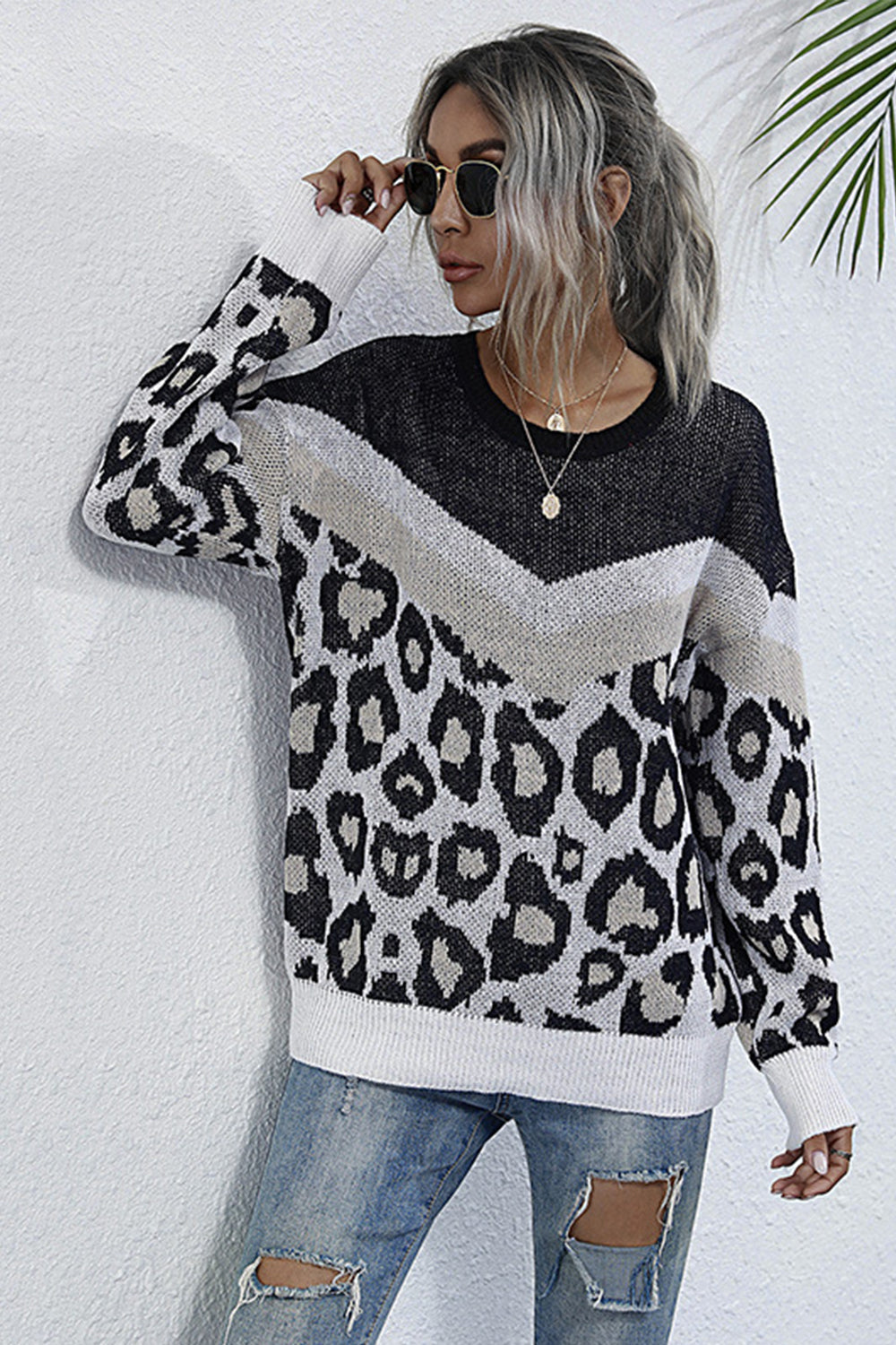 Damenpullover Langärmelig Lockere Passform Leopardenmuster Polyester-4