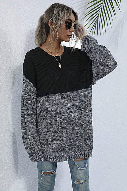 Damen-Strickpullover, Rundhals, Ausschnitt, langarm, Polyester, Farbblock-1