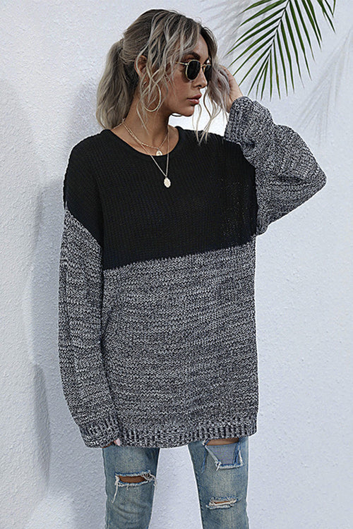 Damen-Strickpullover, Rundhals, Ausschnitt, langarm, Polyester, Farbblock-1