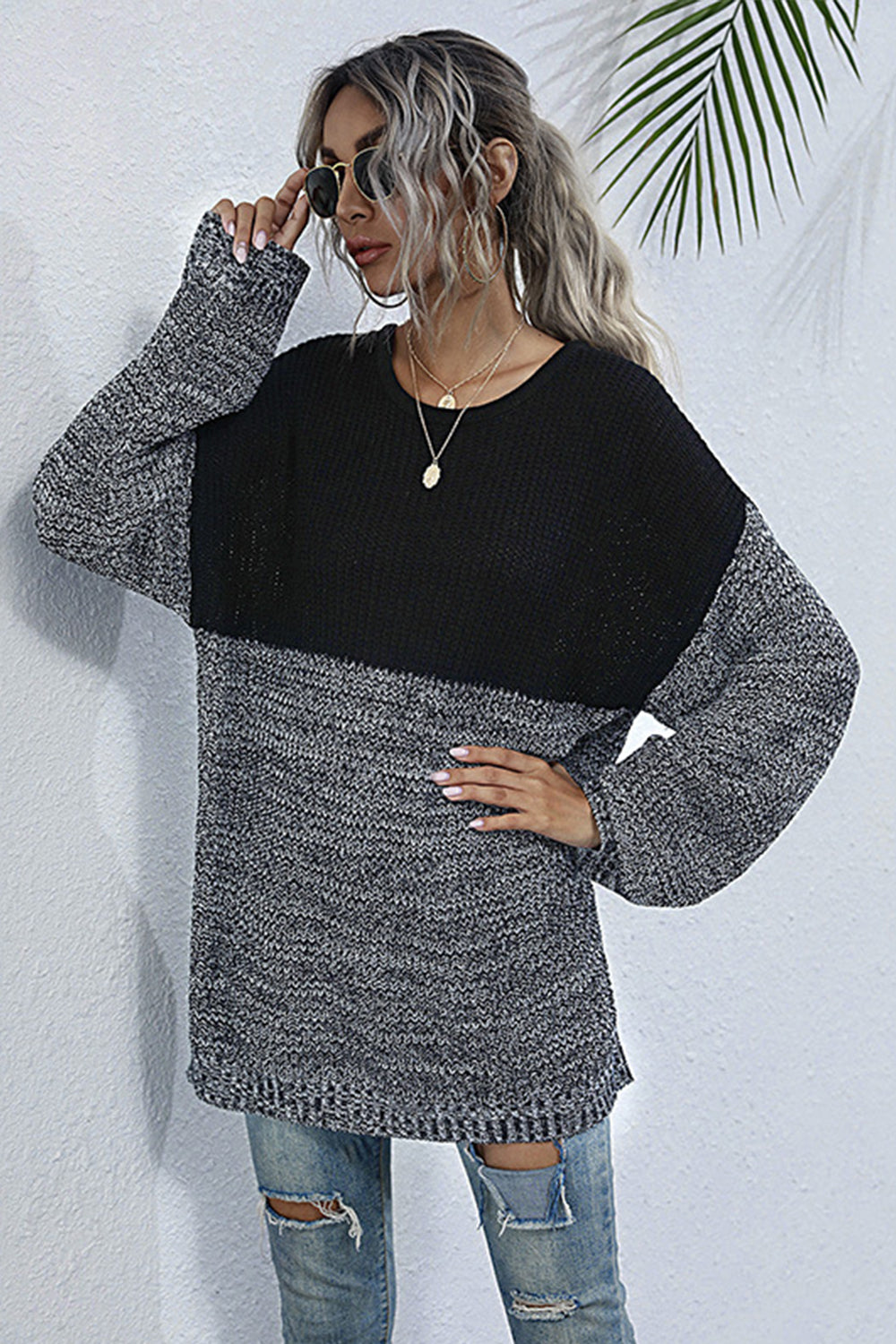 Damen-Strickpullover, Rundhals, Ausschnitt, langarm, Polyester, Farbblock-4