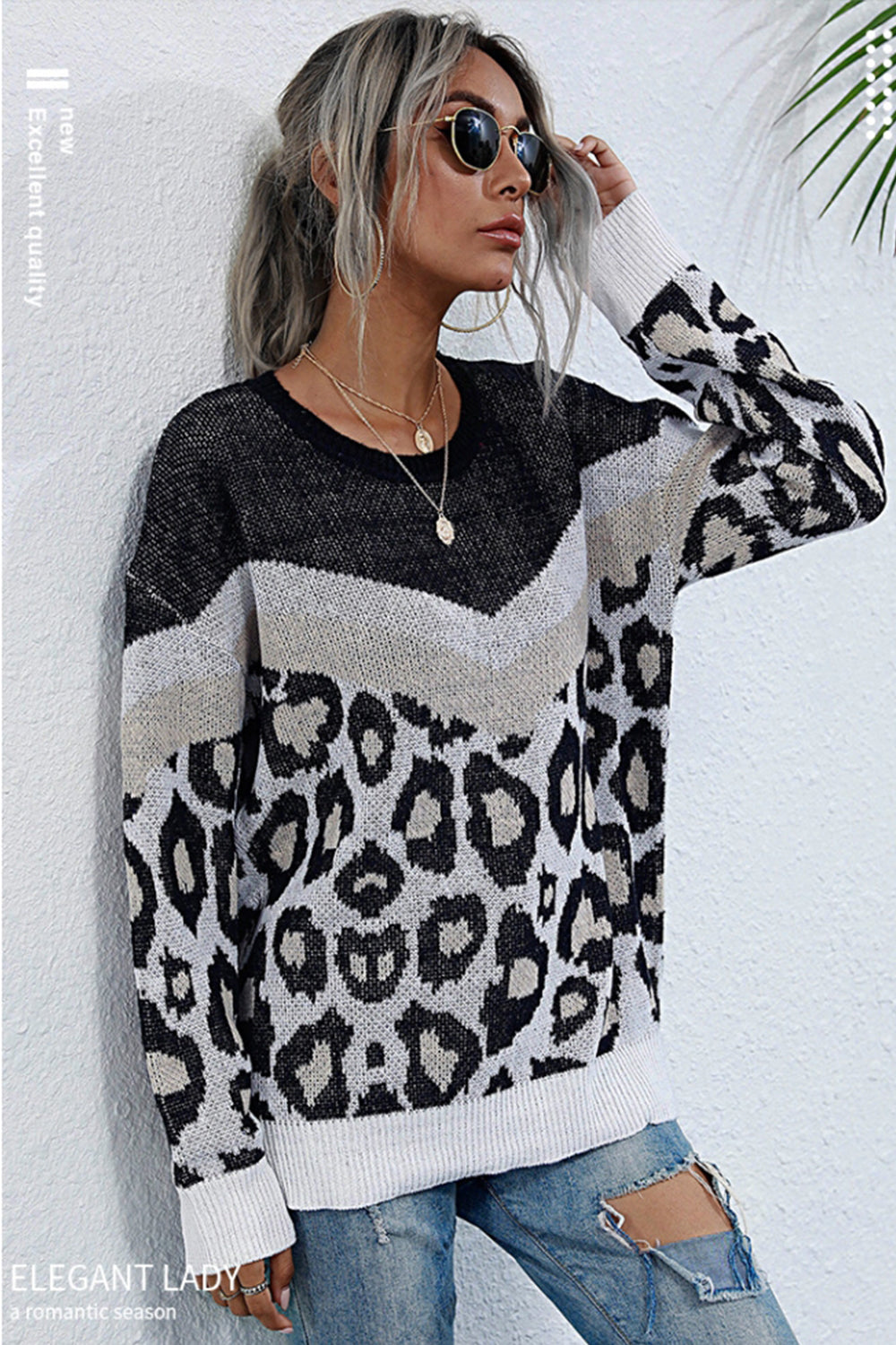 Damenpullover Langärmelig Lockere Passform Leopardenmuster Polyester-5